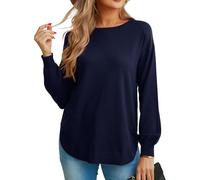 GRECERELLE Suéter de manga larga para mujer, ligero, cuello redondo, suéter casual de punto suave para mujer, azul marino, L