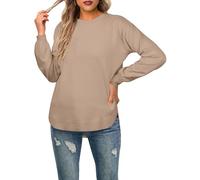 GRECERELLE Suéter de manga larga para mujer, ligero, cuello redondo, suéter casual de punto suave para mujer, caqui, S