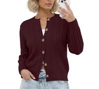 GRECERELLE Suéteres de mujer Cárdigans de manga larga suaves para mujer con cuello redondo Suéter de punto casual con botones para mujer Reino Unido, otoño, invierno, granate, L