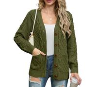 GRECERELLE Suéteres de mujer con cable de aran de punto, manga larga, botones, con bolsillos, de gran tamaño, para otoño, invierno y primavera, Ejercito Verde, XL