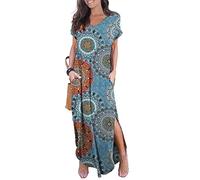 GRECERELLE Vestido Largo Casual de Verano para Mujer, Holgado, Manga Corta, Estampado Floral, maxivestidos con Bolsillo, A16 Mezcla Floral Azul, XL