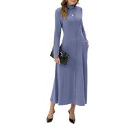 GRECERELLE - Vestido largo de mujer con cuello redondo y manga larga para otoño e invierno, elegante y casual, ideal para el día a día, negocios, citas y ocio, con elástico y bolsillos, azul vaquero