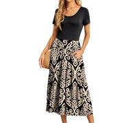 GRECERELLE Vestido largo de verano para mujer, casual, manga corta, cuello redondo, vestido de fiesta escalonado con bolsillos, para bodas, vacaciones, 03 Negro + Caqui Floral, M