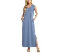 GRECERELLE Vestido largo de verano para mujer, con bolsillos, cuello en V, casual, elegante, para vacaciones, sin mangas, dobladillo dividido, azul vaquero, M