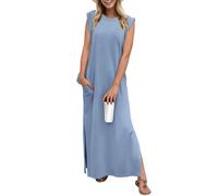 GRECERELLE Vestido largo de verano para mujer, estilo informal, elegante, básico, sin mangas, con abertura y bolsillos, azul vaquero, M