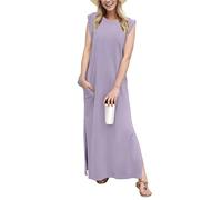 GRECERELLE Vestido largo de verano para mujer, vestidos de camisa casuales, estilos elegantes, vestidos largos básicos sin mangas para mujer del Reino Unido con abertura y bolsillos, Morado (, XL