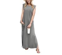 GRECERELLE Vestido maxi de verano para mujer casual, vestidos camiseros, estilos elegantes, sin mangas, vestidos maxi para mujer con abertura y bolsillos, gris, L