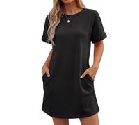 GRECERELLE Vestidos de verano para mujer, manga corta, vestido de playa, línea A, elegante, cuello redondo, vestido de verano con bolsillos, monocolor, vestido de verano, camiseta de verano, vestido