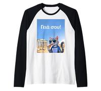 Grecia para niños Hola en Griego Cat Acrópolis Atenas Camiseta Manga Raglan