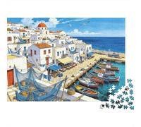 Greek Island Harbor Mayores Puzzles 1000 Piezas Reciclado Mediterranean Village Puzzles Puzzle Game Accesorios Family Gaming Time Educativo Game Desafío Regalo 70x50cm/1000piezas