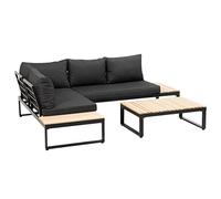 Greemotion Conjunto de Muebles de Jardín Rio, Juego de Sofá Exterior de Aluminio y Madera de Acacia para 4 Personas, Mesa y 2 Sofás con Cojines, Negro/Madera/Gris