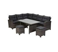 Greemotion Conjunto Muebles de Jardín Tessin 5 Piezas, Juego de Sofá Exterior de Poly Ratán para 7 Personas, 2 Sofás, 2 Taburetes y Mesa con Tablero de Vidrio, Gris