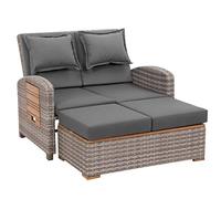 Greemotion Sofá Multifuncional Bahia Tobago, Tumbona Cama de día Doble de Poli Ratán, Sofá de Jardín de 2 Plazas, Taburete Incluido, Gris/Color de Madera