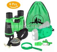 (Green)Adventure Kid Outdoor Exploration Kit Backpack Binoculars Magnifying Glass Lensatic Compass Torch Fox Whistle