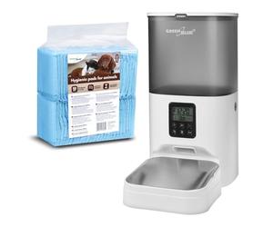 Green Blue GB393 Comedero Automático 6 litros para Mascotas | Programable MAX. 8 Comidas por Día | Dispensador para Perros y Gatos Pantalla LCD | Pilas o USB (Dispensador de Comidas + 50 Empapadores)