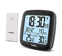 Verde Azul GB542 Estación Meteorológica con Sensor Exterior DCF Calendario de Temperatura Interior y Exterior Termómetro de Alarma Estación Meteorológica Inalámbrica, Negro