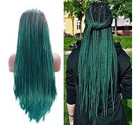 Green Box - Pelucas trenzadas para mujeres negras, largas, suaves, degradadas, color negro y verde, peluca de encaje frontal, hecha a mano, natural, sintética, ligera, peluca de trenzas resistentes al