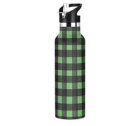 Green Buffalo - Botella de agua a cuadros negros de acero inoxidable con tapa con pajilla, botella aislada para niños y niñas, deportes, 20 onzas líquidas