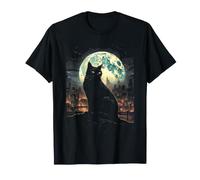 Green Cat Luna Llena Ciudad Vigilante Noche Felino Camiseta