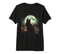 Green Cat Luna Llena Ciudad Vigilante Noche Felino Camiseta Premium
