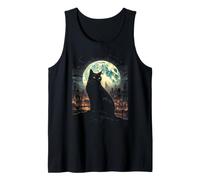 Green Cat Luna Llena Ciudad Vigilante Noche Felino Camiseta sin Mangas