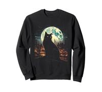 Green Cat Luna Llena Ciudad Vigilante Noche Felino Sudadera