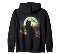 Green Cat Luna Llena Ciudad Vigilante Noche Felino Sudadera con Capucha
