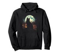 Green Cat Luna Llena Ciudad Vigilante Noche Felino Sudadera con Capucha