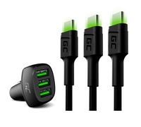 Green Cell® GC PowerRide 54W Cargador de coche USB 3 puertos, encendedor de cigarrillos Ultra Carga Compatible con iPhone Samsung Galaxy Xiaomi + 3X 1,2 m USB C Cable tipo C Nylon Cargador Cable