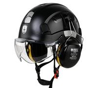 GREEN DEVIL Casco de Trabajo con Visera Transparente y protección auditiva Orejeras ABS Ajustable Casco de Seguridad ventilado con Casco Industrial EN 397 (Negro)