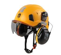 GREEN DEVIL Casco de trabajo con visera transparente y protección auditiva orejeras ajustable ABS casco de seguridad ventilado con casco industrial EN 397 (visera gris amarilla)