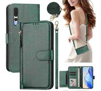 (Green) Flip Case for Huawei P20 Pro Protection Soft PU Leather Zipper Wallet Cover with Card Holder and Long Strap