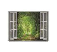 Green Forest Path View Window in to The Woods Póster de metal para decoración de jardín, garaje, cocina, pintura de hierro retro rústica para bar, cafetería, club, baño, decoración de pared para el ho