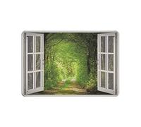 Green Forest Path View Window in to The Woods Póster de metal para decoración de jardín, garaje, cocina, pintura de hierro retro rústica para bar, cafetería, club, baño, decoración de pared para el ho