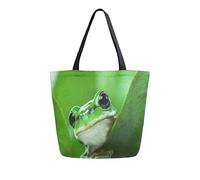 Green Frog PeekingFrom Behind The Leaves Bolsa de lona Bolsas de comestibles reutilizables Bolsa de transporte con asas