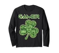 Green Gamer Shamrock Videojuegos Patricks Day Juego de Juegos Manga Larga