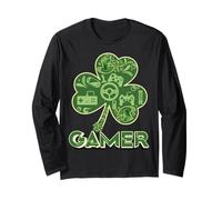 Green Gamer Shamrock Videojuegos Patricks Day Juego de Juegos Manga Larga