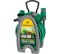 Green Haven - Carrete de manguera de jardín ligero - Carrete de manguera compacto de 10 m con 7 boquillas de pistola de pulverización ajustables - Mini pistola de manguera para exteriores con