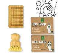Green Llama Juego de jabón ecológico para lavar platos con 2 barras de aceite de coco sólido sin fragancia, cepillo de sisal y soporte de bambú, juego de limpieza sostenible de cocina