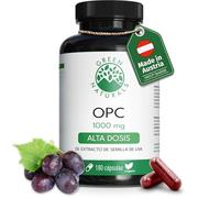 Green Naturals® OPC Extracto de Semillas de Uva - Alta dosis: 1250 mg con 1000 mg OPC - Extracto estandarizado - 100% vegetal - Sin aditivos - Fabricado en Austria - 180 cápsulas