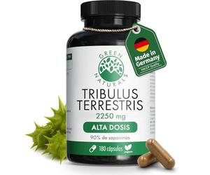 Green Naturals® Tribulus Terrestris - Alta dosis 2.250 mg con 90% de saponinas - Vegano & analizado en laboratorio - 180 cápsulas (2 meses)
