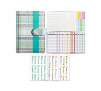 (Green)Notebook A6 Leaflet Budget Binder Money Organizer Plaid Print Zipper Closure Faux Leather Stainless