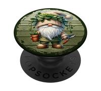 Green Plant Lover Gnome On Retro Sunset For Garden Grandpa PopSockets PopGrip Adhesivo