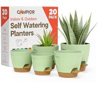 Green Self Watering Pots 20 Pack, Indoor and Outdoor Plant Pots with Wick Rope & Drainage Holes, Easy Watering Lip, Lightweight Plastic Self Watering Planter for Succulents, Houseplants, and Herbs