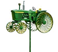 Green Tractor Wind Spinner, Metal Garden Tractor Windmill with Metal Stake and Rotating Wheels, Unique Outdoor Sculptures Art Ornament for Garden, Yard, Backyard, Patio, Porch, Lawn, Flower Bed Decor