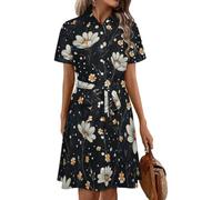 Green Tree Print - Vestido camisero de manga corta con botones y cinturón para mujer, Flores blancas, M