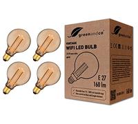 greenandco Bombilla LED Decorativa Edison Estilo Vintage | 1800K Blanco Extra Cálido | 320° | 230V | Sin Parpadeos | E27 G95 | Dorado | 3,8W 160lm | Smart WiFi | Compatible con Alexa y Google | 4 un.