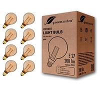 greenandco Bombilla LED Decorativa Edison Estilo Vintage | 1800K Blanco Extra Cálido | 320° | 230V | Sin Parpadeos | E27 G95 | Dorado | 4W 200lm | No Regulable | 8 unidades