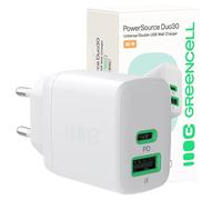Greencell PowerSource Duo Blanco USB-C Cargador 30W con USB-C y USB-A para iPhone 17/Pro/Pro MAX/iPhone Air/16/15, MacBook, Pixel 9, iPad, Samsung Galaxy S25 Ultra/S24 Series