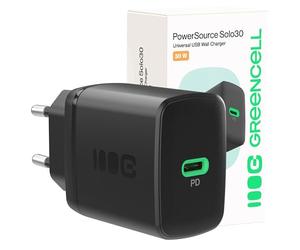 Greencell PowerSource Solo30 Negro 30W USB-C Power Delivery Cargador de batería iPhone 17/Pro/Pro MAX/iPhone Air/16/15, MacBook, Pixel 9, iPad, Samsung Galaxy S25 Ultra/S24 Series